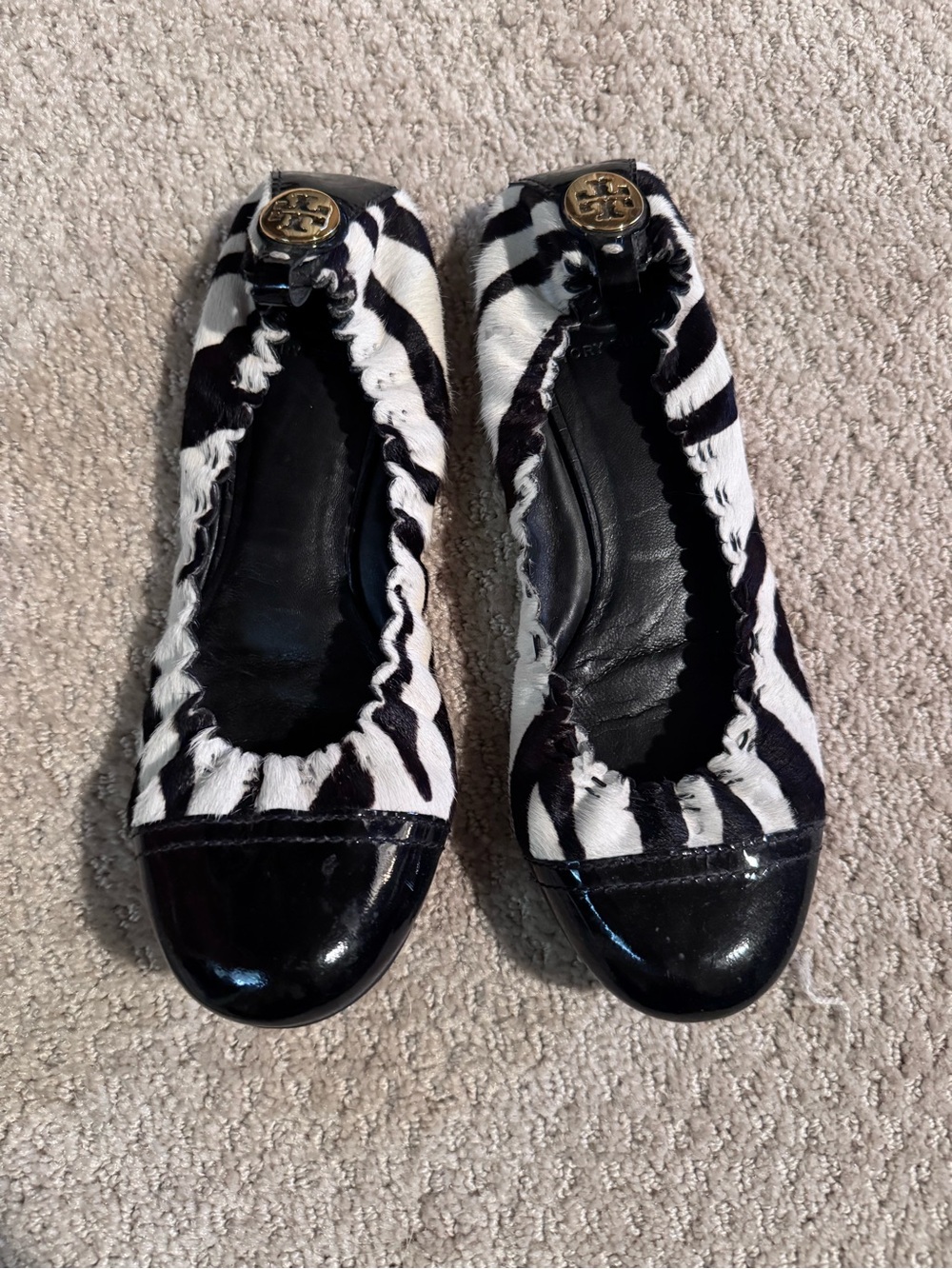 Tory Burch Black and White Zebra Print Ballet Flats with Gold Logo